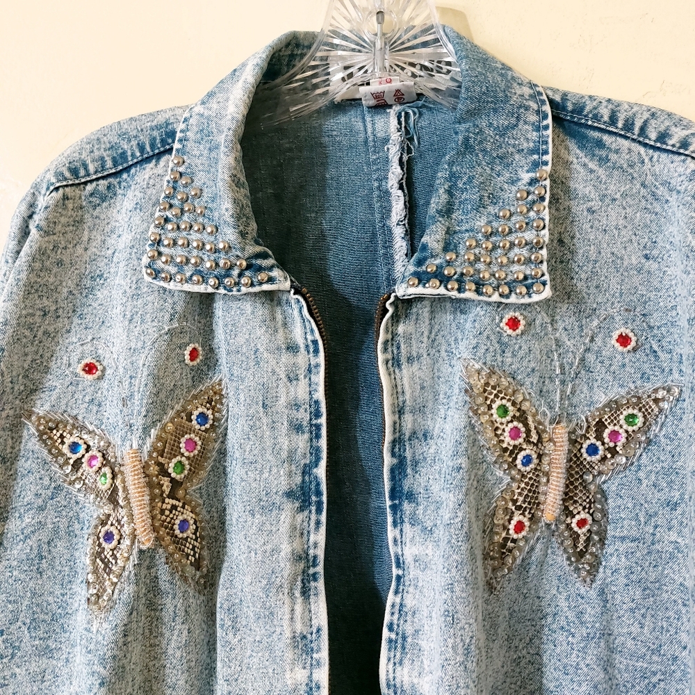 Vintage 80s Jazzino Acid Wash Butterfly Beaded Studded Collar Denim Jean Jacket - Picture 4 of 15